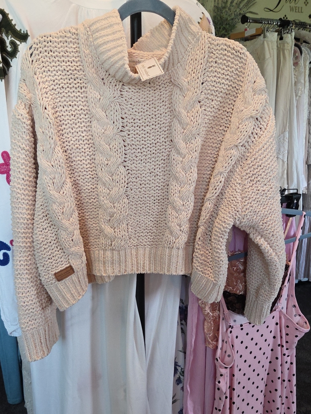 Simply Southern Cream Cable-Knit Cropped Turtleneck Sweater